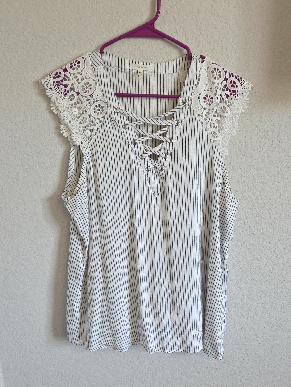 Maurices Striped Lace Up Tank Top Crochet Lace Shoulder Size L